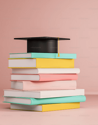 Stack of books with mortarboard